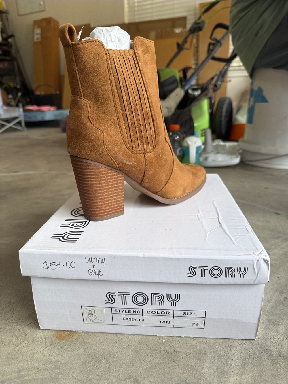 Story Tan Suede Stacked Heel Ankle Boots